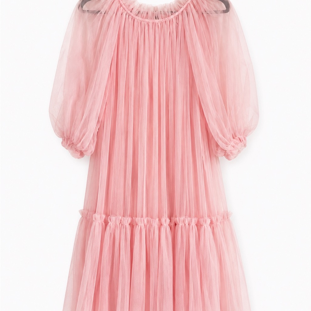 Pink Tulle Puff-Sleeve Dress